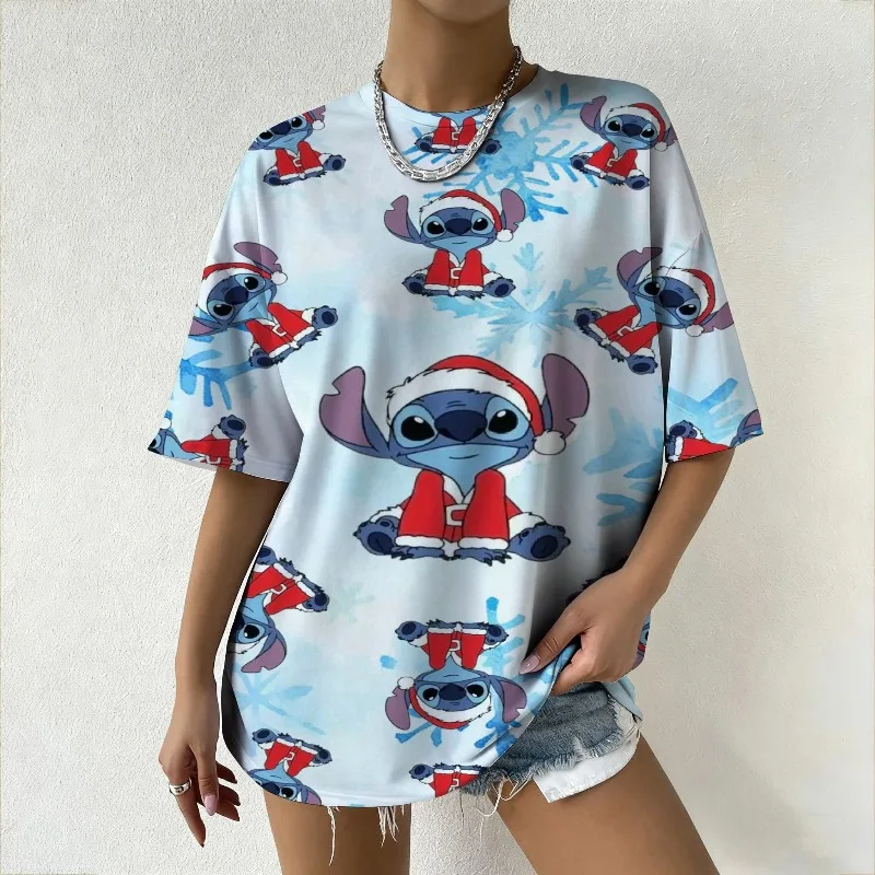 

Женская летняя футболка Disney Lilo & Stitch, топ с принтом снежинки Санта-Ститч для модной уличной одежды и универсальных повседневных видов