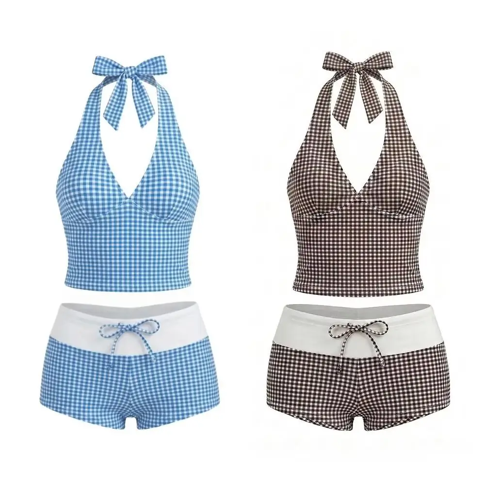 Gingham Pattern Halter Tankini Set Halter Neck Adjustable Tie Swimwear Set Quick Drying Breathable Fabric Tankini Swimsuit