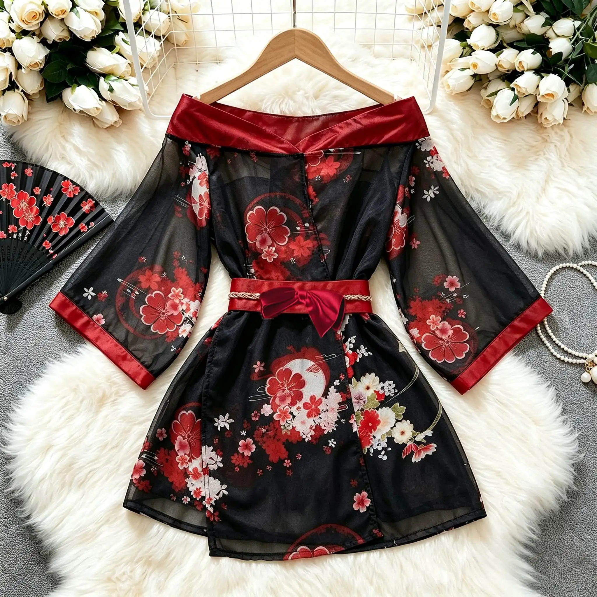Female Kimono Night Suit Sexy Underwear Pajamas Dress Uniform Lingerie Maid Yukata Japanese Slash Neck Hotsweet Club Mini Dress