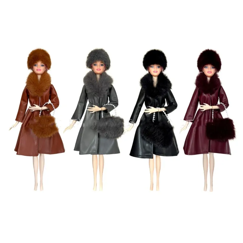 New 30cm Doll Clothes Accessories Winter Fashion Temperament Trend Leather Coat+hat+bag Set For 1/6 FR FR2 Supermodel Doll