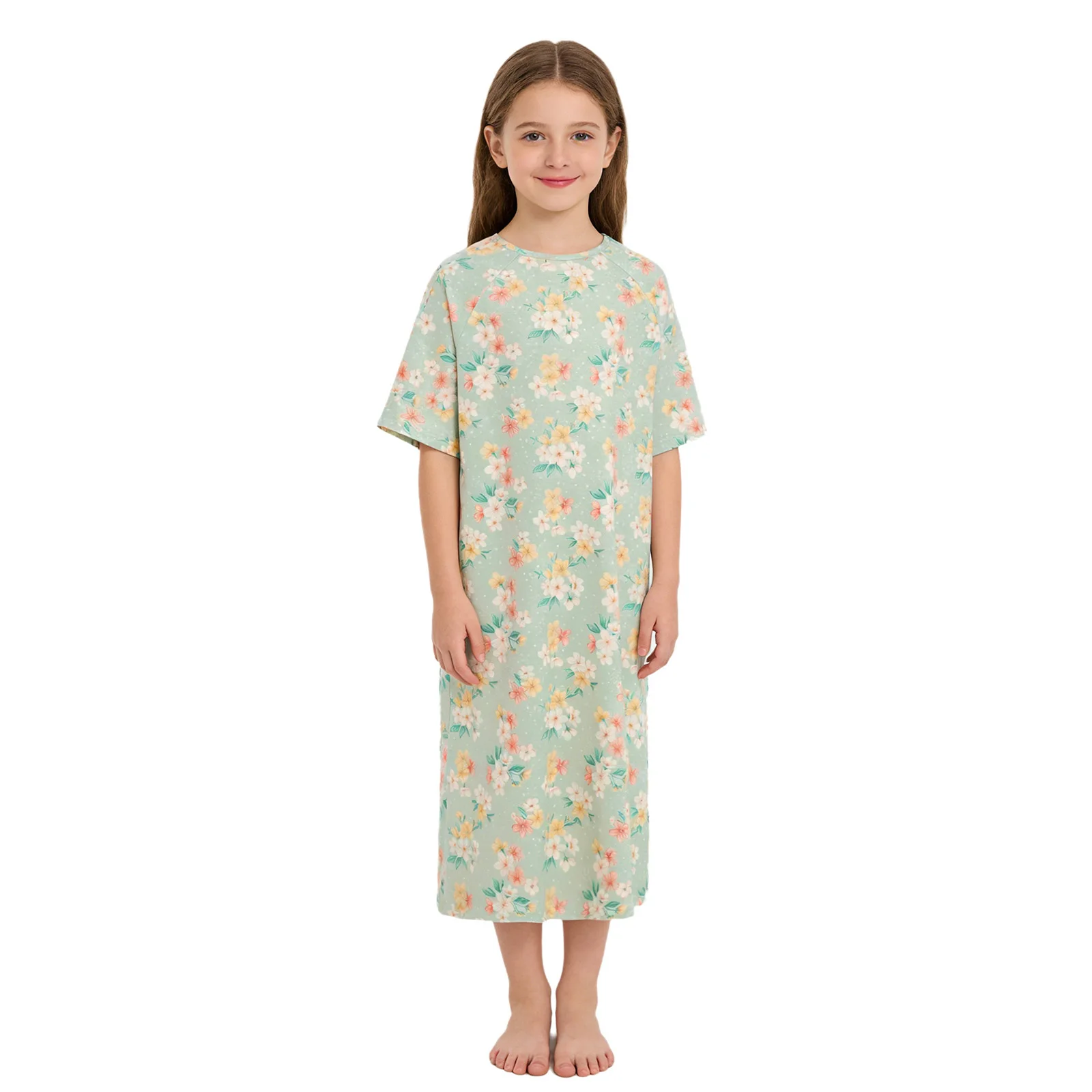Kids Girls Loose Nightgowns Pediatric Medical Patient Sleepwear Press Button Short Sleeves Back Split Self-Tie Hospital Clothes