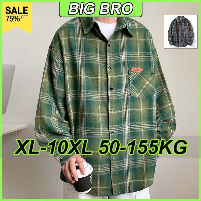 

XL-10XL Men's Plus Size Shirt Casual Loose Collar Long Sleeve Shirts Checkered Top with Pocket Spring Autumn Male Clothing 155KG