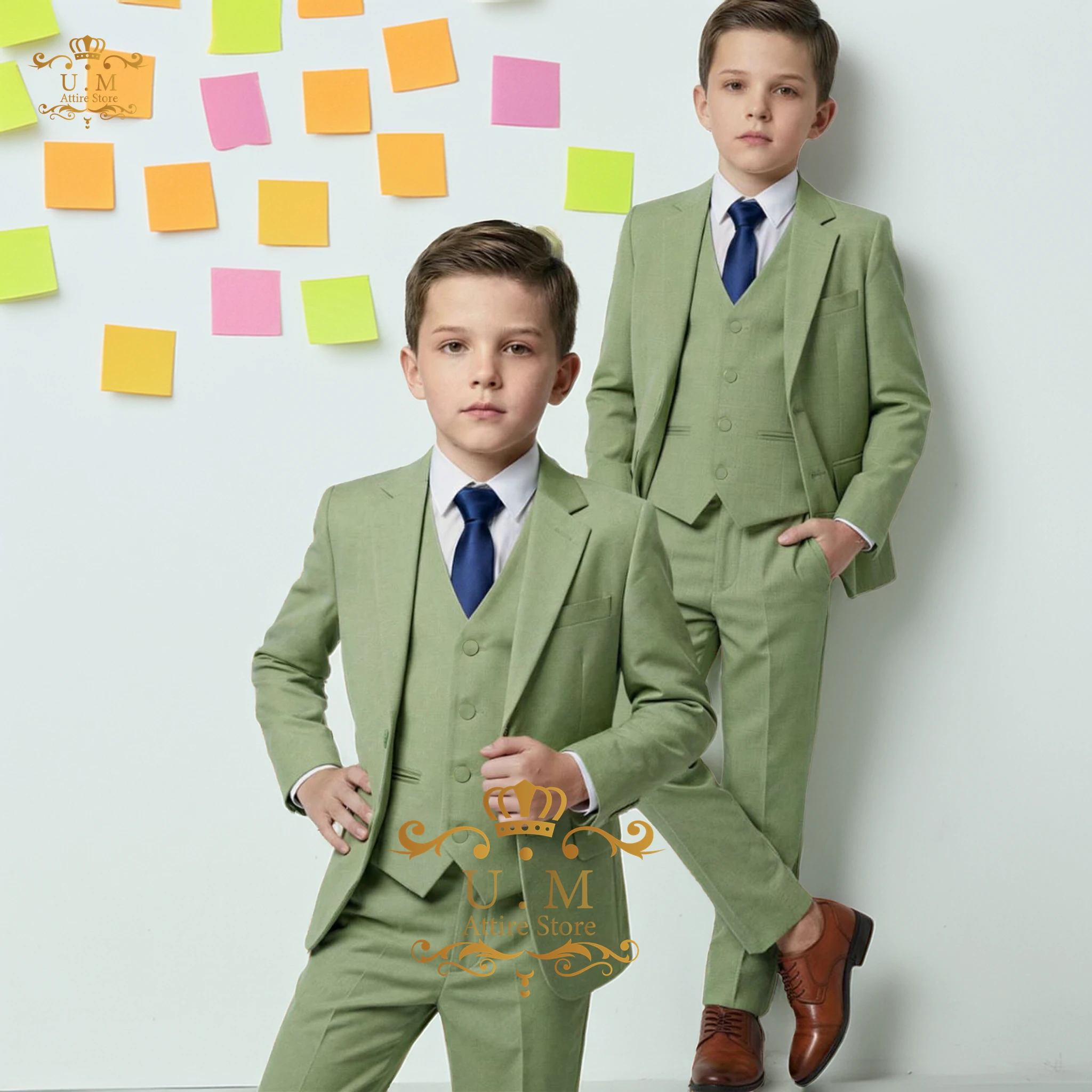 Stylish 3-Piece Boys' Suit Army Green Jacket Vest Pants Slim-Fit Set for Wedding Cocktail Party Custom Tuxedo for Children