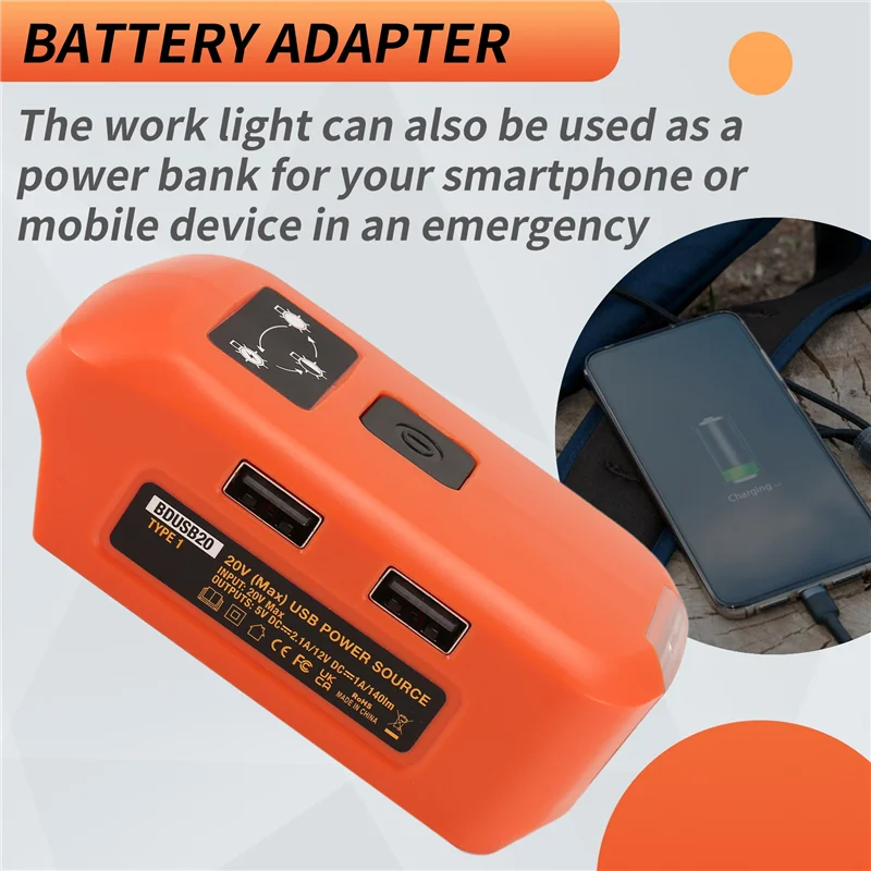 Adattatore batteria di vendita superiore per caricabatterie USB batteria V20, lampada da lavoro a LED con doppio caricatore USB e porta 12V