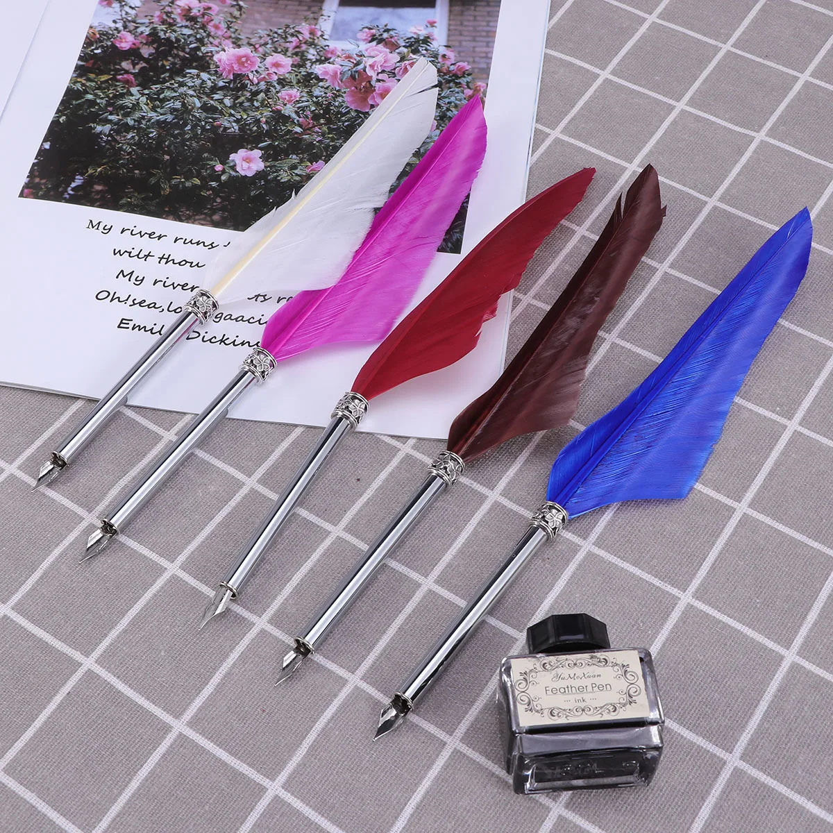 

1 set Pen Set Wine Red Retro Vintage Gift Box Natural Real Decorative Writing Instrument For Wedding Home