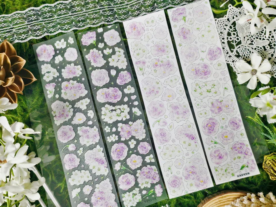 White Begonia PET Fluorescent Film Die-Cut Washi Tape, Light Purple Pink, for Journal Scrapbooking Collage DIY Craft