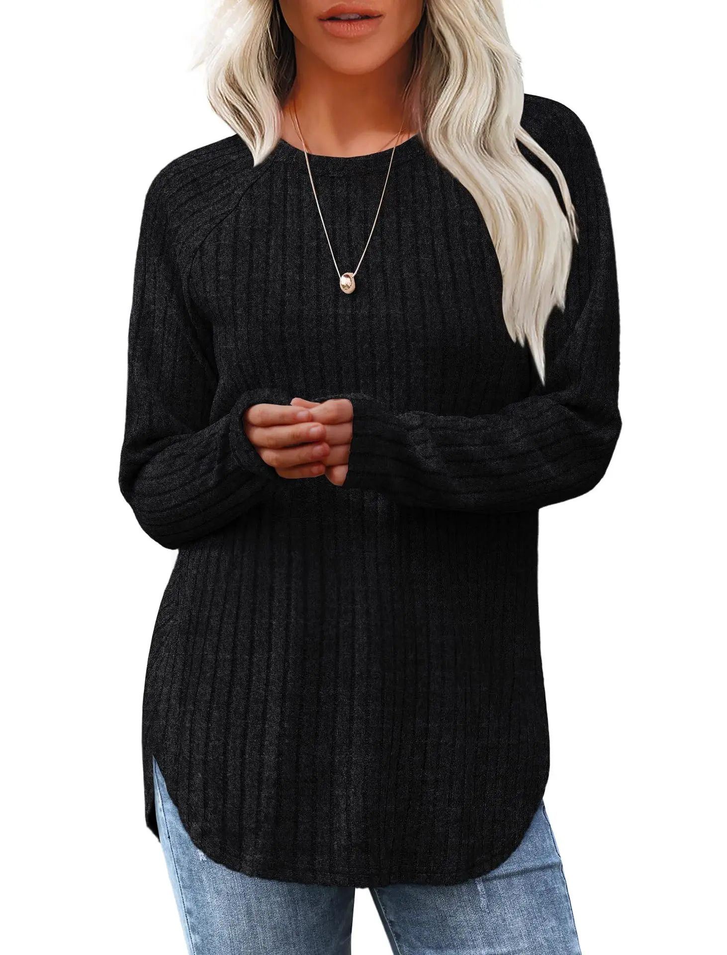 

Women Cute Split Sweaters Casual Solid Color Comfy Warm Long Sleeve Pullover Basic Knitwear for Fall Streetwear