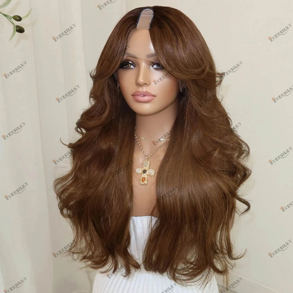 

Natural Wavy Long Golden Brown Ombre Human Hair Wigs Remy Indian Human Hair 28Inches 1x4 Middle V Part Wigs U Shape Opening Left