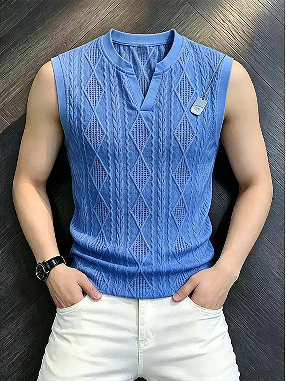 Ice Silk Hollow out V-Neck Sleeveless Sweat Vest Men's Summer Breathable Quick Dry Embroidered T-Shirt Lightweight Training S...