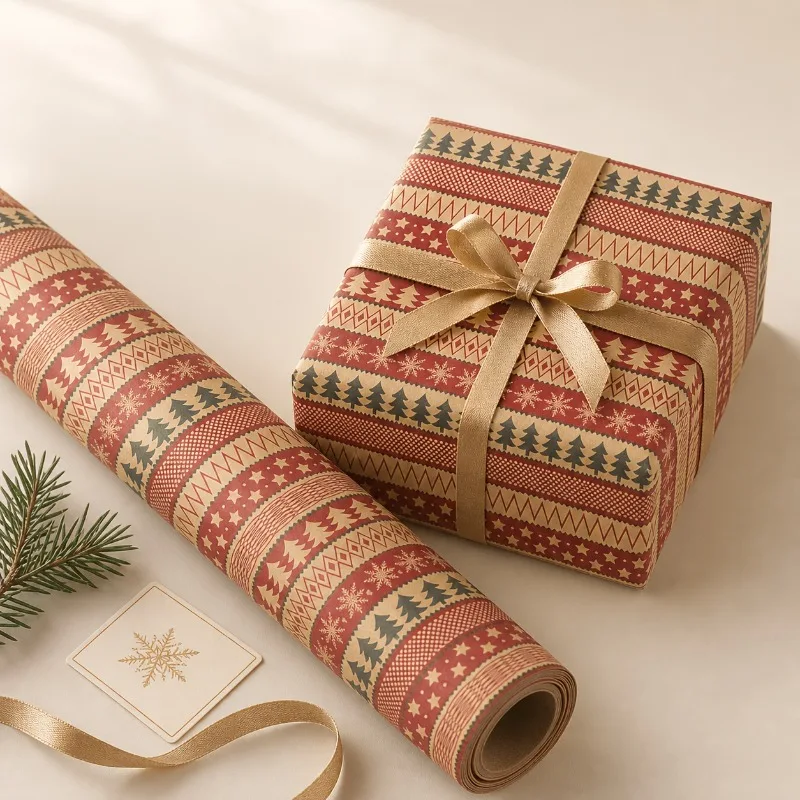 Kraft Christmas Wrapping Paper Roll, Red Nordic Stripe Snowflake & Tree Pattern Paper For Holiday Gift Packaging, Party Favors