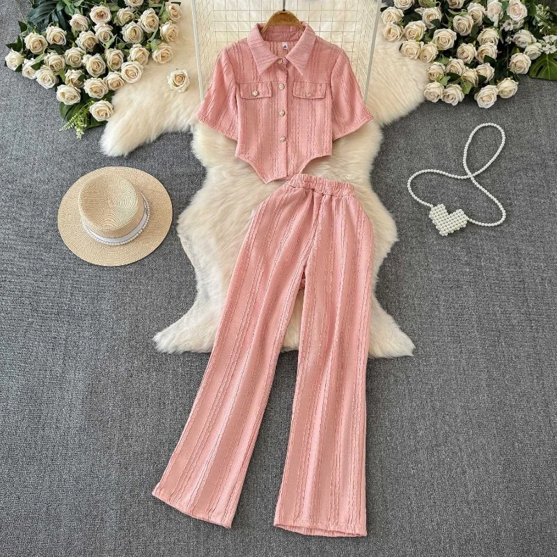 고급 여름 솔리드 컬러 투피스 세트 여성 라펠 칼라 싱글 브레스티드 슬림핏 숏 스타일 셔츠+캐주얼 와이드 레그 팬츠