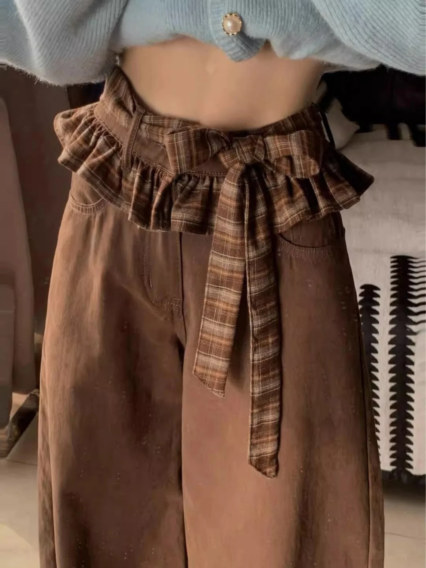 

Женские джинсовые брюки в американском стиле с клетчатым узором и кружевной отделкой, осень 2026, цвет Meral Brown, свободные прямые брюки с широкими штанинами