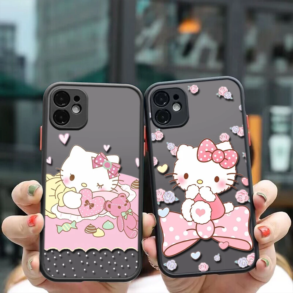 E14 Hello Kitty dull polish Protective lens Soft transparent Case for iPhone 15 14 Plus 13 12 11 X XS XR Pro Max Mini 8 7 Plus