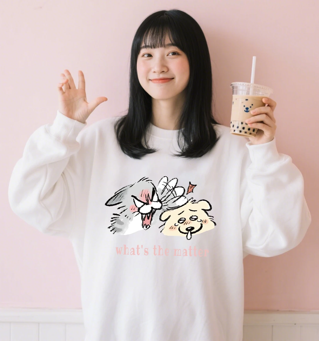 Bluza damska z nadrukiem \"What'S The Matter With Dog\", koreańska seria, polarowa, wkładana przez głowę, jesienna, z okrągłym dekoltem, odzież sportowa, codzienne modne topy.