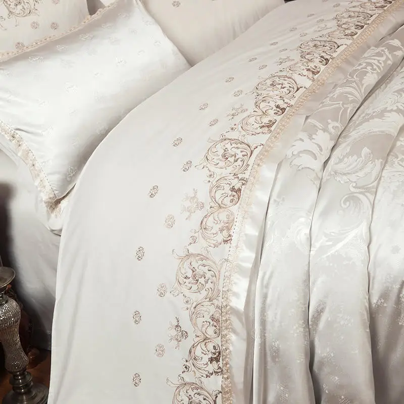 White Jacquard Embroidered Bedding Sets Luxury Satin Cotton Duvet Cover Bed Sheet Pillowcases King Queen Size Bedclothes Set