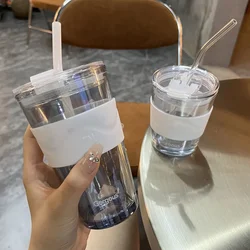 Glass water cup 450ML reusable straw with lid travel coffee cup basic hammer pattern juice cup transparent vintage wine glass