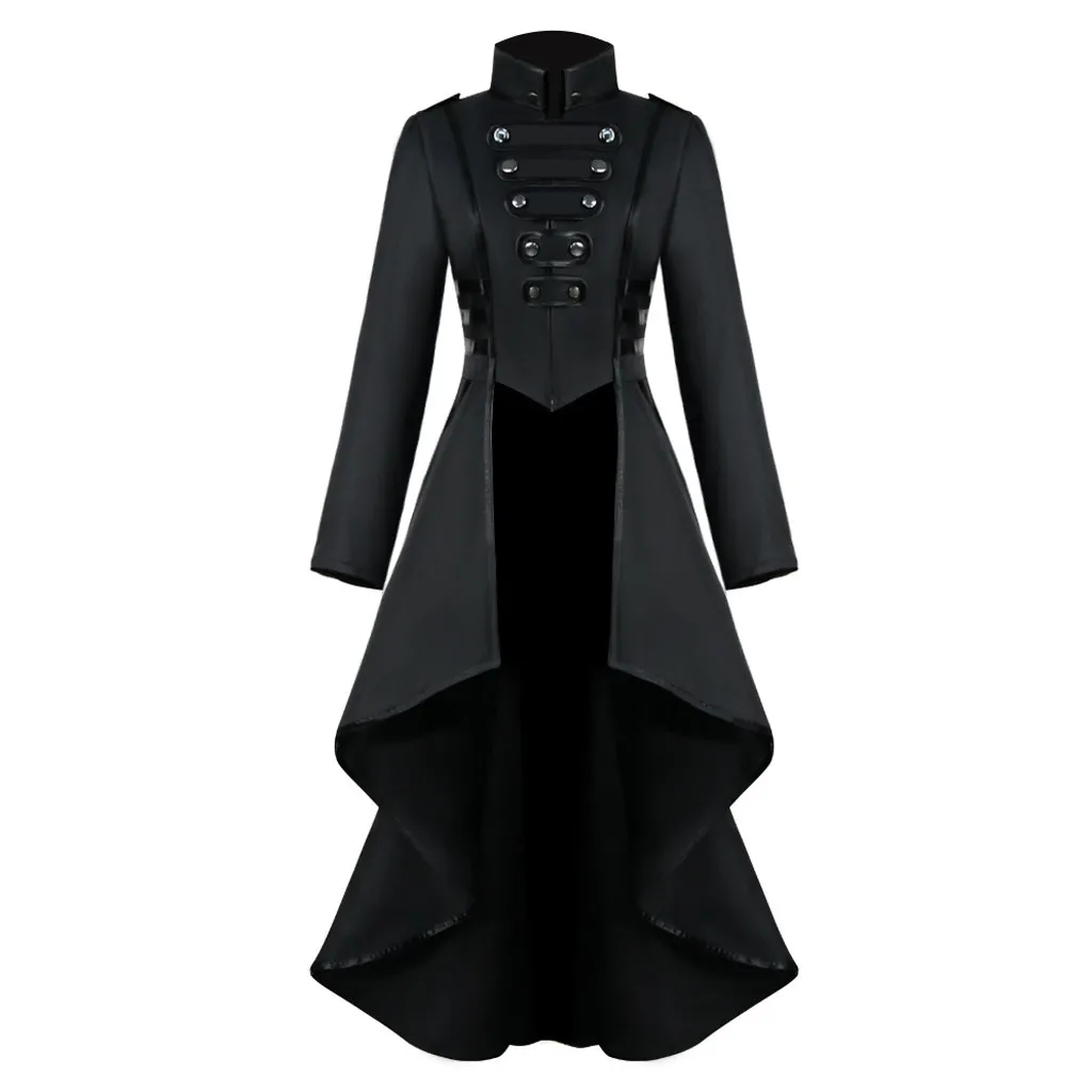 Medieval Victorian Women's Trench Coats Gothic Steampunk Turtleneck Double Breasted Irregularity Hem Tailcoat Halloween Costume