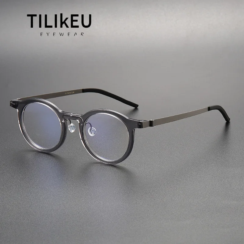 

Denmark Ultra-light Titanium Screwless Glasses Frame 1846 Clear Gray Acetate Round Small Faces Men and Women Eyeglasses Frame