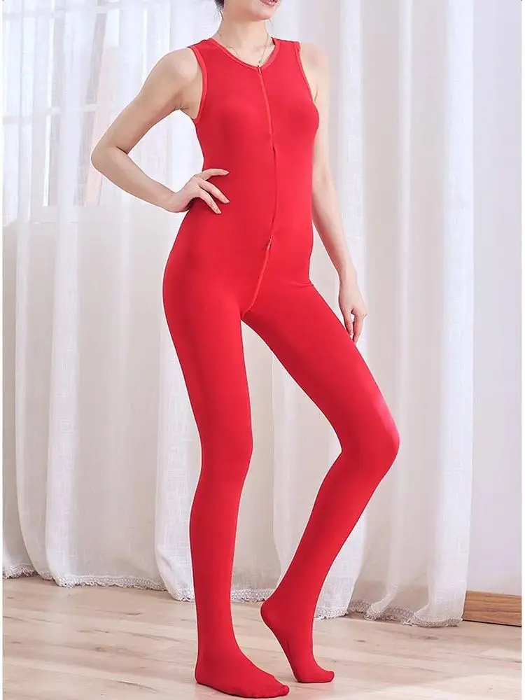 Sleeveless Two Way Zipper Open Crotch Bodysuit Without Thin Thick Fleece Thermal Bodystocking Tights Sexy Leotard Conjoined Body