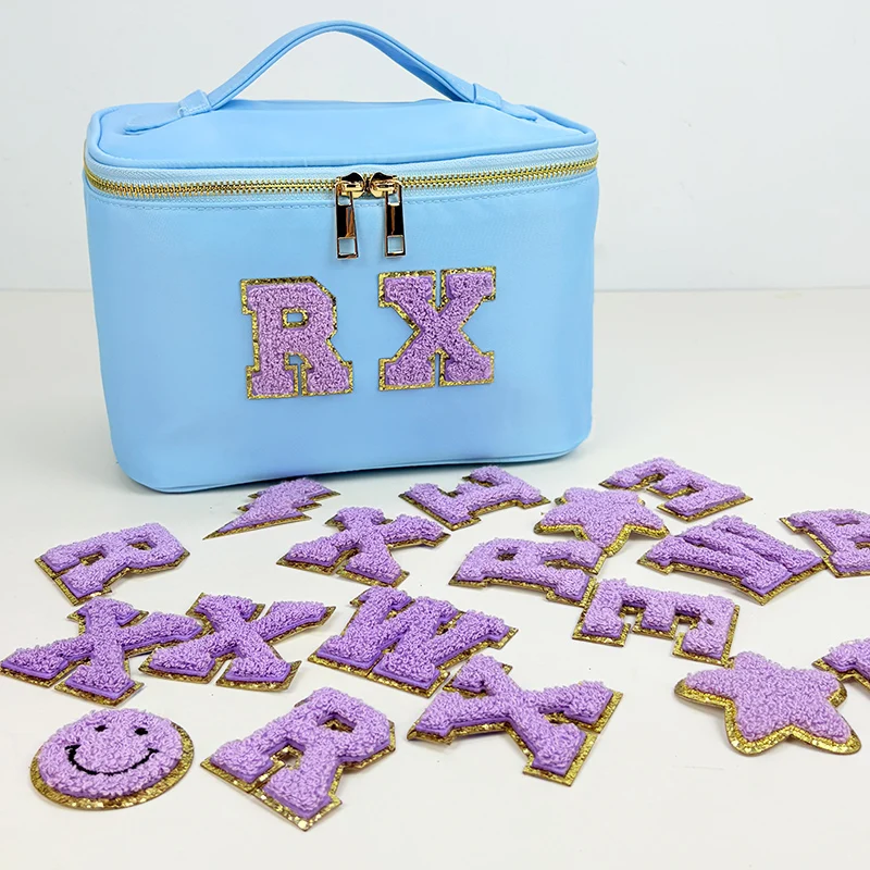 Purple Letters Sticker Patch Alphabet Towel Embroidered Chenille Patches for Clothing Bags Jacket Stick on Accessories Applique