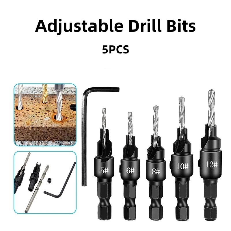 

5PCS Woodworking Countersunk Head Drill Bit Set Screw Hole Drill Universal Hexagon Shank Counterbore Chamfer Tools