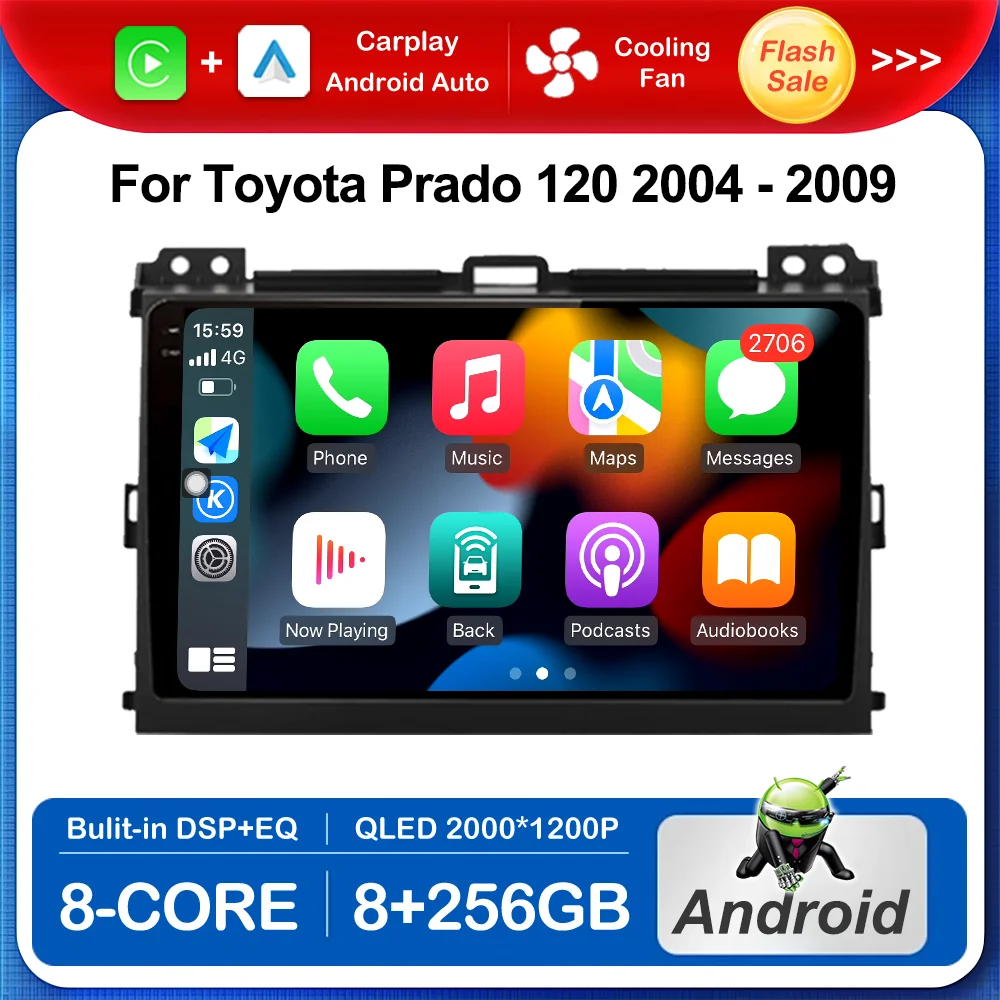 

9 inch Android OS Video Multimedia Player for Toyota Prado 120 2004 - 2009 QLED IPS Screen Cooling Fan Wireless BT 4G GPS Navi