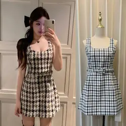 Fashion Sweet Girl Tweed Plaid Spaghetti Strap Mini Dress New Vintage Women Square Collar Sleeveless Vest Belt Short Clothes
