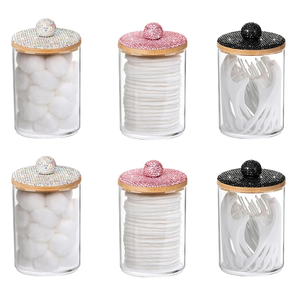 

Алмазная акриловая коробка для хранения, 3 шт., круглый хлопковый органайзер для макияжа, декор для рабочего стола, прозрачные ювелирные изделия, зубочистка, ватный тампон для хранения