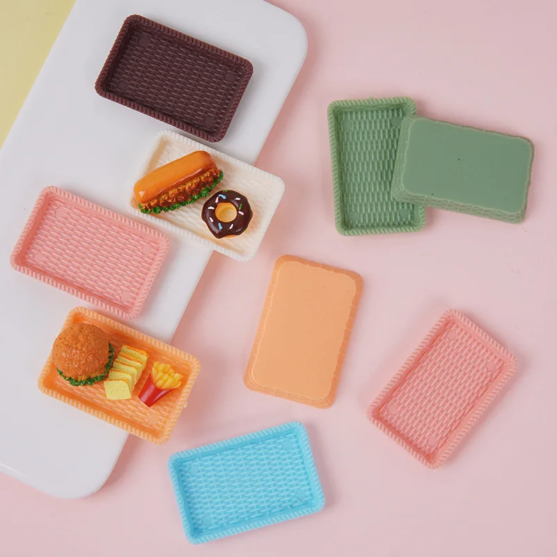 3pcs Mini Rattan Tray Woven Rectangular Plate 5cm Miniature Kitchen Scene Food Play Dollhouse Dining Kitchen Props Decoration