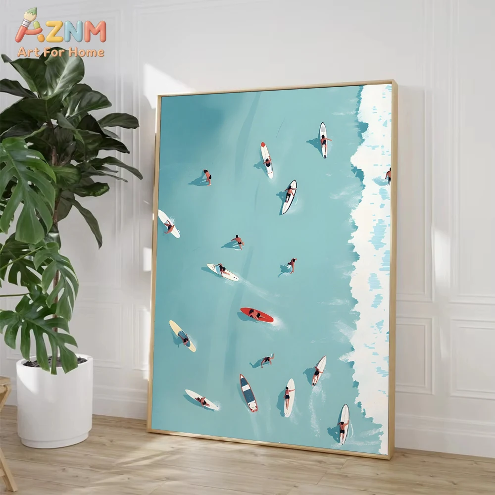 AZNM Aerial View Beach Ocean Canvas Wall Art, Modern Minimalist Summer Coastal Swimming Surfing Print Poster, Unframed Tropical