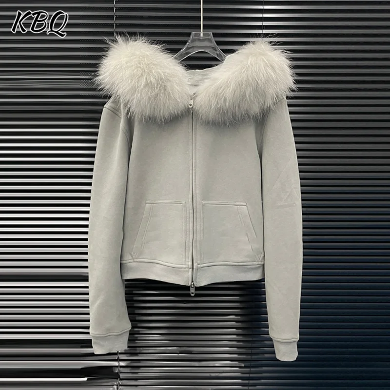 

KBQ Solid Spliced Feather Loose Chic Coats for Women Hooded Long Sleeeve Patchwork Zipper Minimalist Coat Female Fashion Style