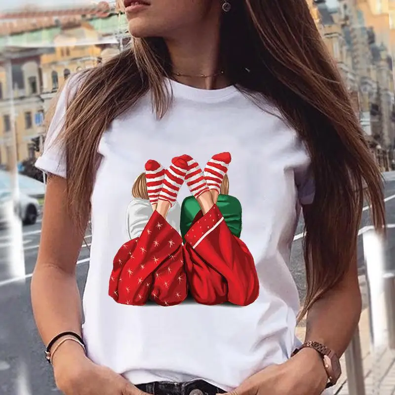 Merry Christmas Tshirt Europe and The United States New Year Christmas Short-sleeved T-shirt Boudoir Christmas Dress Up  Women