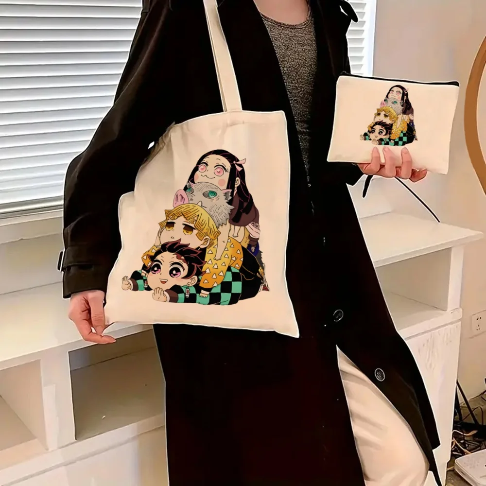 2pcs Demon Slayer Nezuko Print Tote Bag Set, Lightweight Burlap Shopping Bag, Portable Travel Beach Bag with Makeup Bag