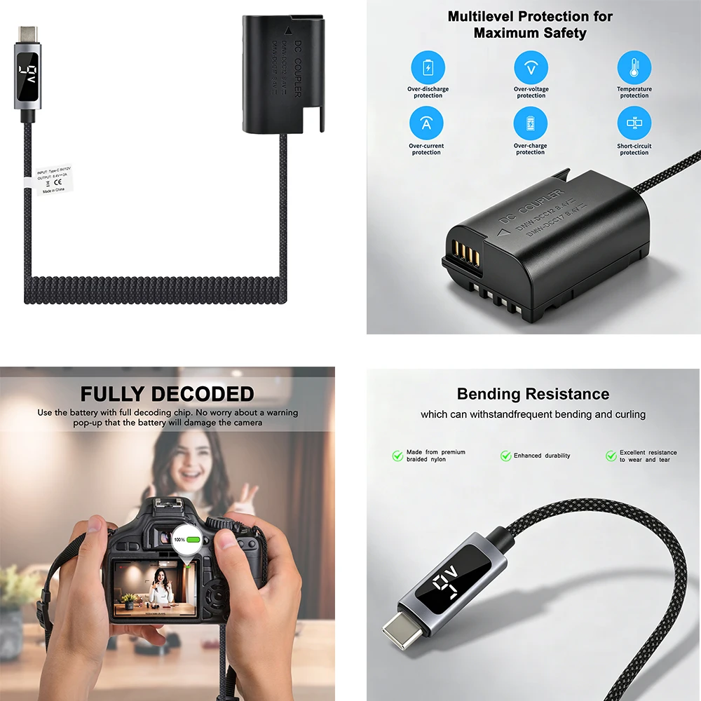 Dummy Battery with 9V PD USB-C Power Supply Connector for EN-EL15 EN-EL25 NP-FW50 NP-FZ100 DMW-BLK22 NP-W126 NP-W235 LP-E17