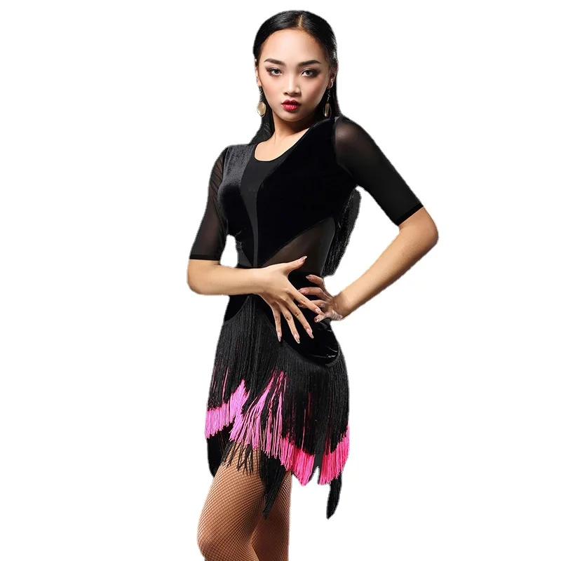 

2020 Black Dress Latin Dance Dress for Women Sleeve Tango Rumba Flamengo Ballroom Dance Dress For Women Costume A3153