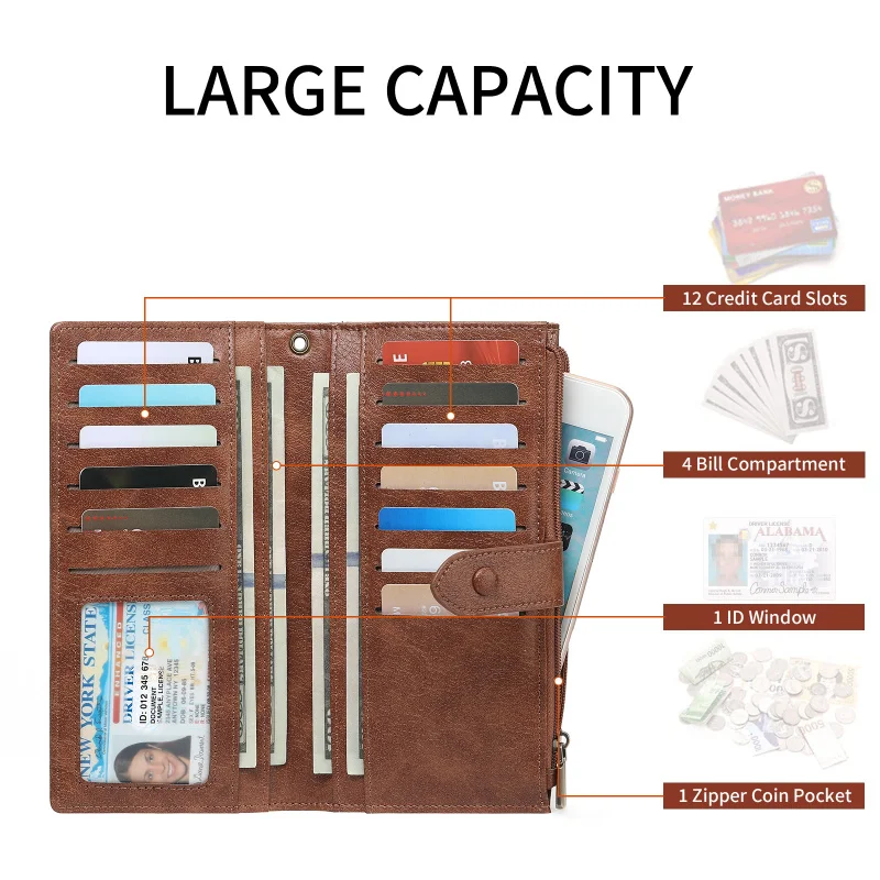 Western RFID Blocking PU Leather Multifunction Women Wallet Large Capacity Card Holder Purse for Ladies