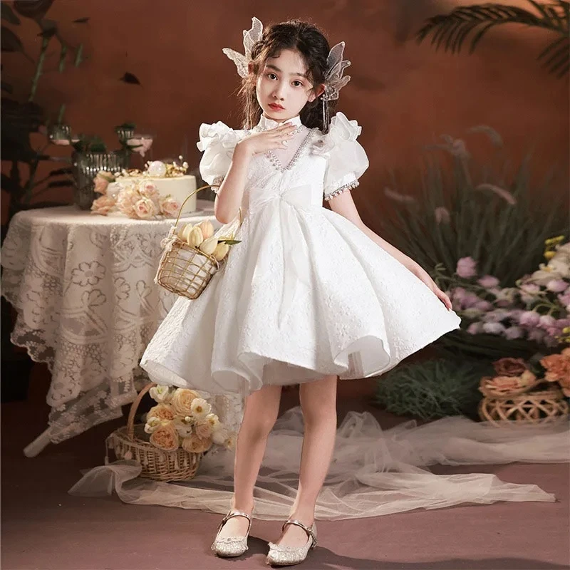 Robe de baptême de perles pour filles, robe de princesse pour tout-petits, robes de soirée tutu pour enfants, robe de mariage élégante, fête du 1er