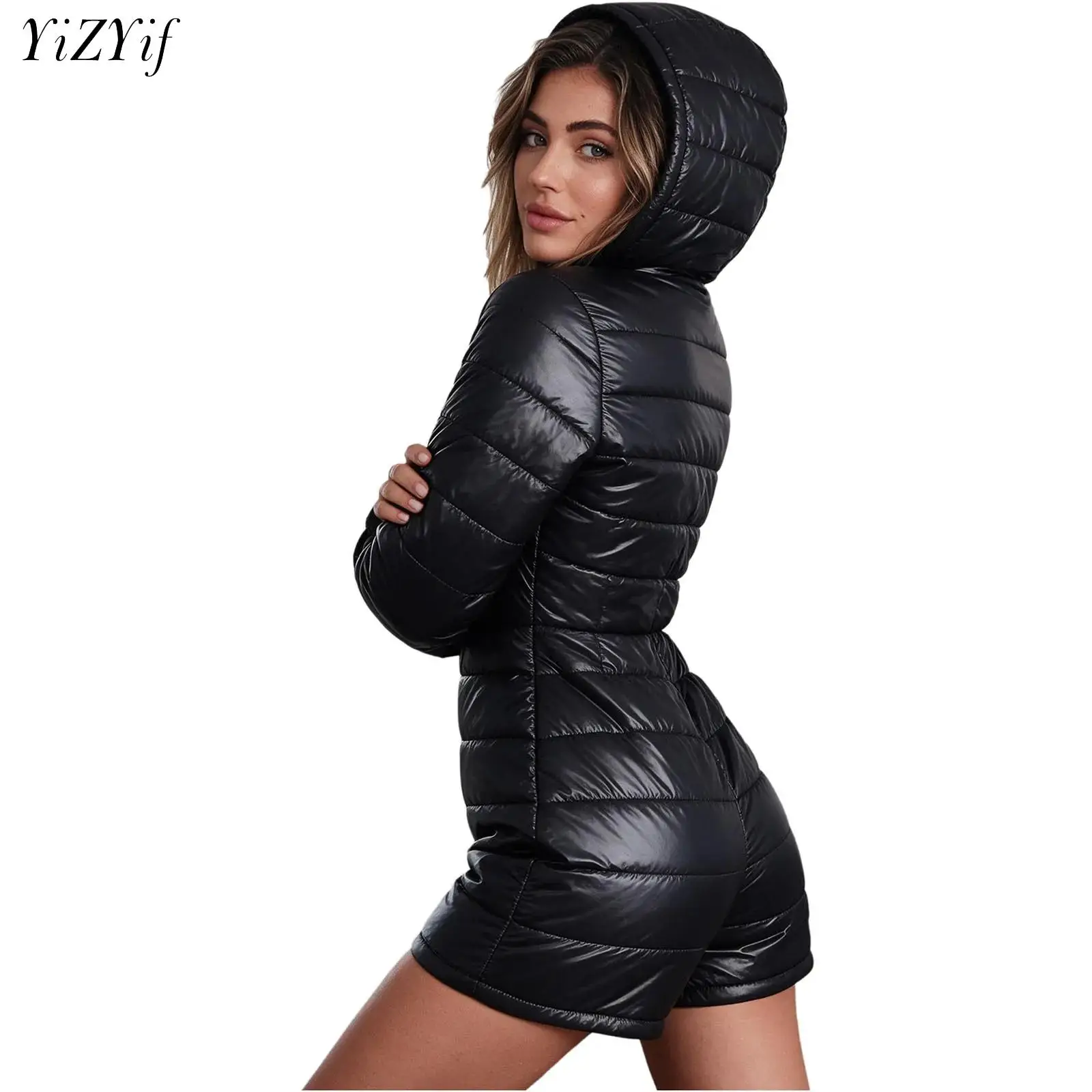 Womens Waterproof Padded Hooded Bodysuit Ski Suit Long Sleeve Zipper Front Thigh Length Jumpsuit with Pockets for Outdoor Sports
