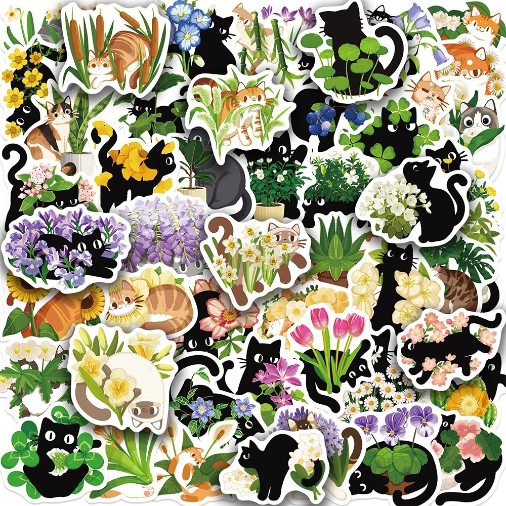 10/30/50pcs Cartoon Black Cat and Plant Graffiti Stickers Funny Creative Sticker DIY Helmet Scrapbook Phone Cute Decals Toy Gift