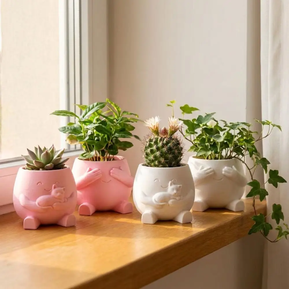 3D Printed Hugging Cat Succulent Planter Pot Happy Expression Novelty Shy Cover Eyes Character Plant Pot Lifelike Cartoon