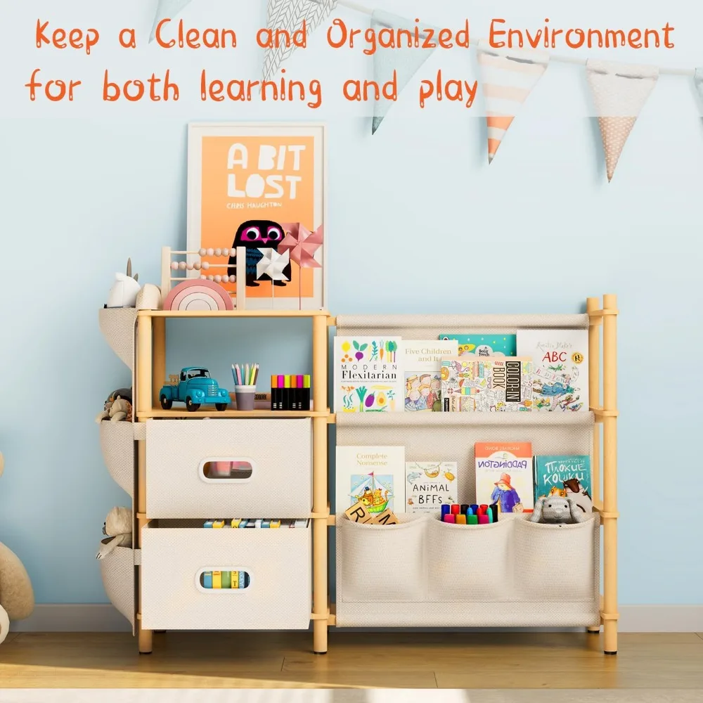 منظم كتب وألعاب من 3 طبقات للأطفال مع صناديق تخزين وخزانة كتب جانبية، مستوحى من مونتيسوري
