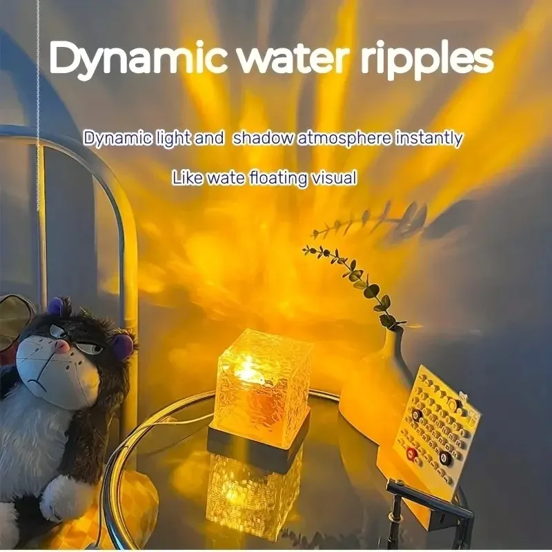3/16 Colors Dynamic Rotating Water Ripple Projector Night Light Flame Crystal Lamp for Living Room Study Bedroom Rotating Light