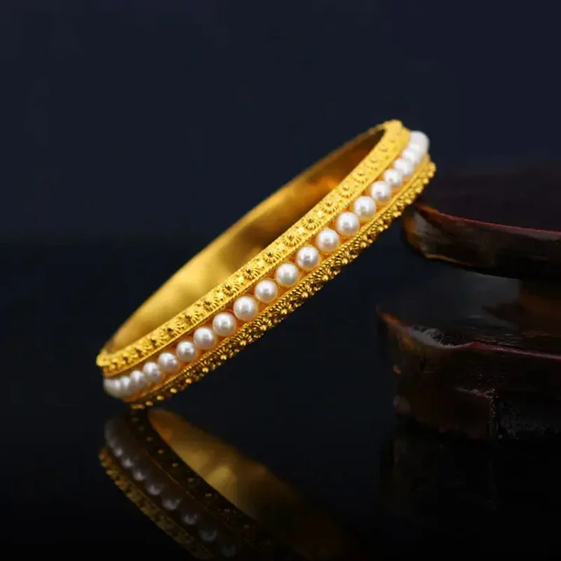 New Ancient Craft Copy 100% Gold 24K 999 Bracelet Filigree Bracelet Female Inlaid Pearl Fashion 18K Gold Bracelet Jewelry