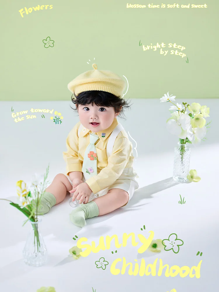 Baby 100 Days Milestone Photo Shoot Outfit Floral Tie+suspender Shorts+knit Beret+socks Baby Photography Clothing Set for Studio