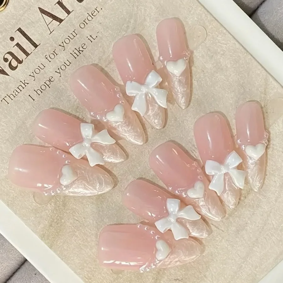 

10 шт. высококачественных французских накладных ногтей с жемчужным бантом в форме сердца, розовые, ручной работы, средней длины, для женщин.