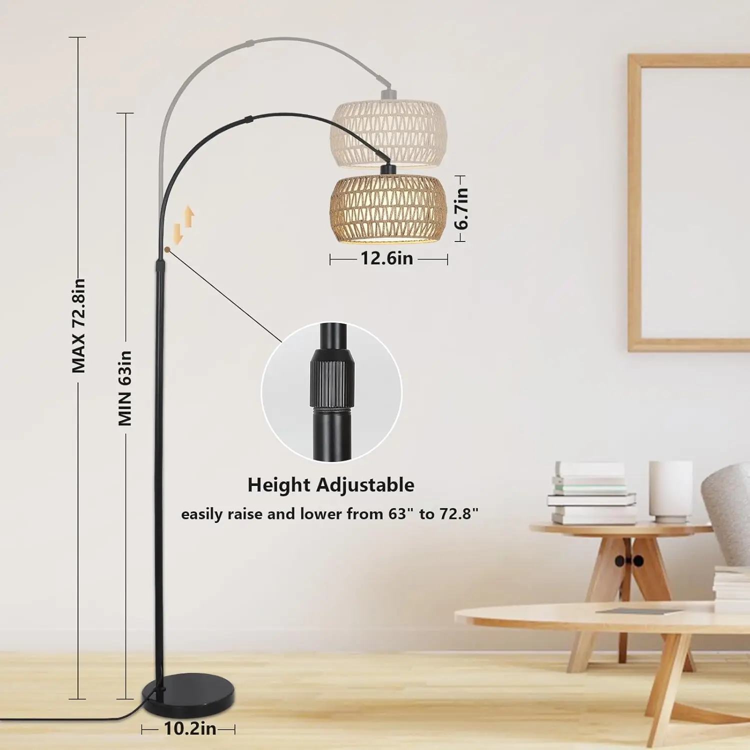 Adjustable Arc Floor Lamp with Remote, Dimmable LED Bulb, Rattan Shade for Living Room & Bedroom