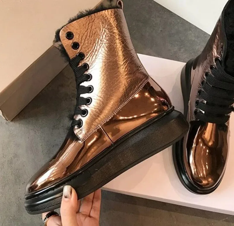 Silver Bling Wool Fur Lace -Up Snow Boots Round Toe Thick Sole Winter Fur Booties Patent Leather Women Fur Shoes
