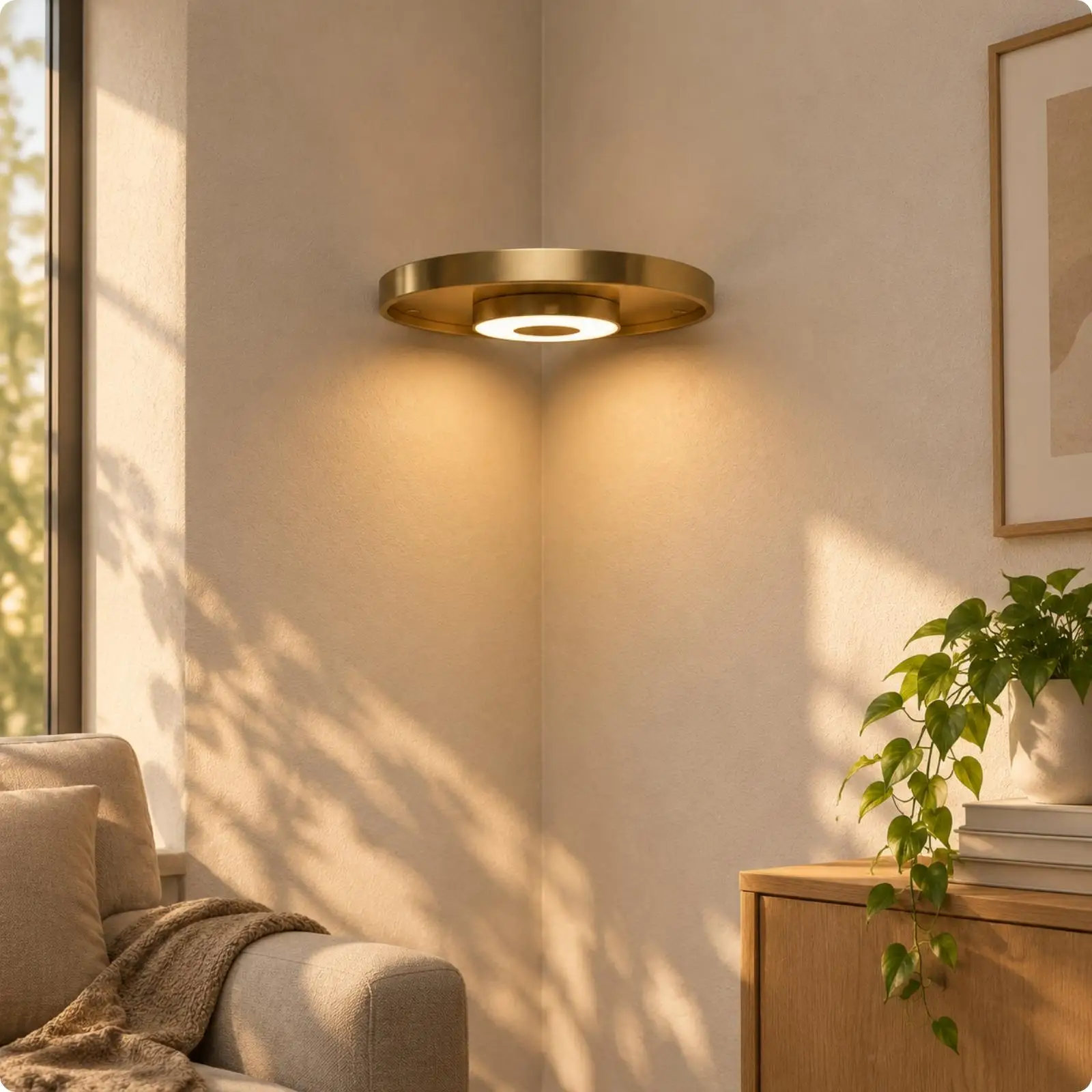 Wall Shelf Floating Round Metal Gold Rim Plant Shelf with Built-in LED Light for Bedroom Small Shelf