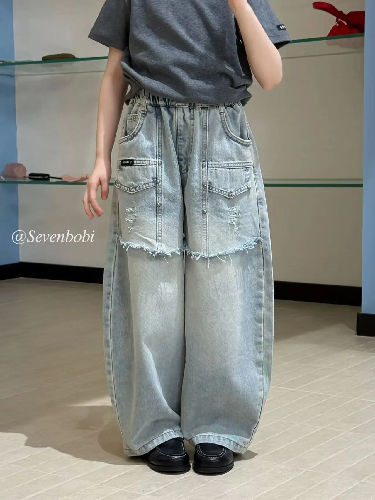 

Girls' Spring and Autumn American Style Pants With Patchwork Curved Jeans 2026 Spring Collection New Washed Loose Wide Leg Pants