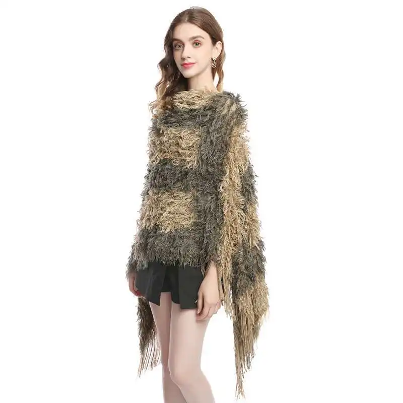 

2022 Spring Autumn New Hairy Women Knitted Lady Clothing Hairy Temperament Girls Pullover Sweater Cloak Outer Shawl Khaki